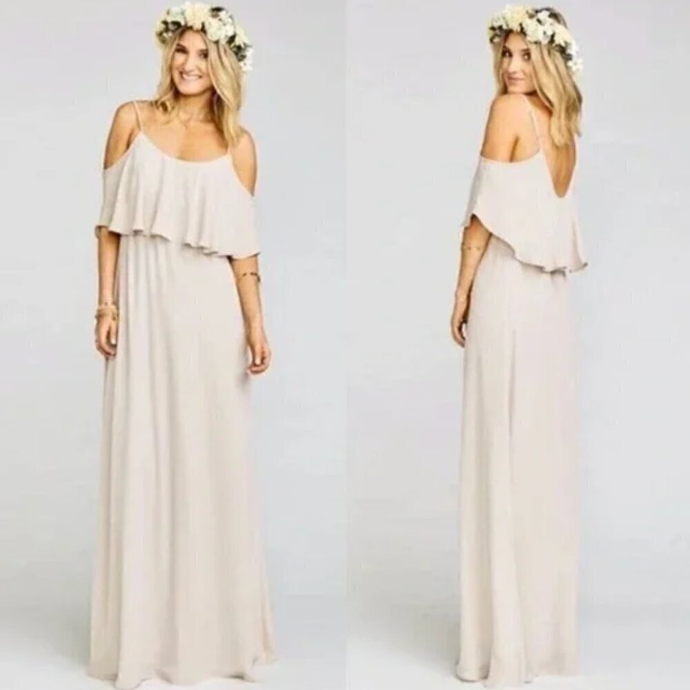 SHOW ME YOUR MUMU Nude Caitlyn Ruffle 2 Way Maxi Dress size M chiffon NWOT